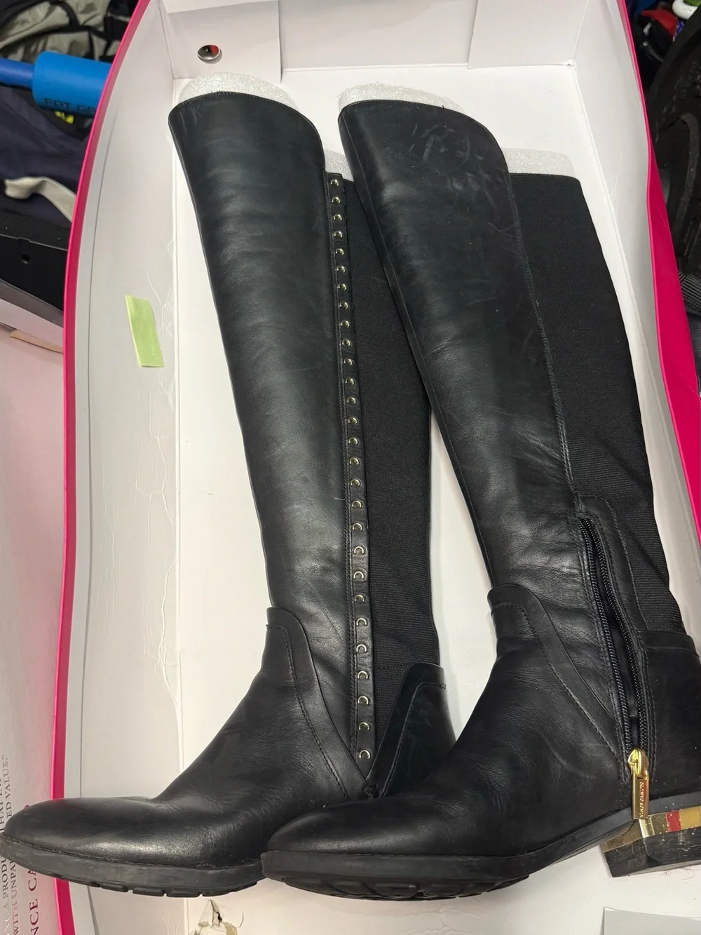 Vince Camuto Black Leather Over-the-Knee Boots with Gold Accent